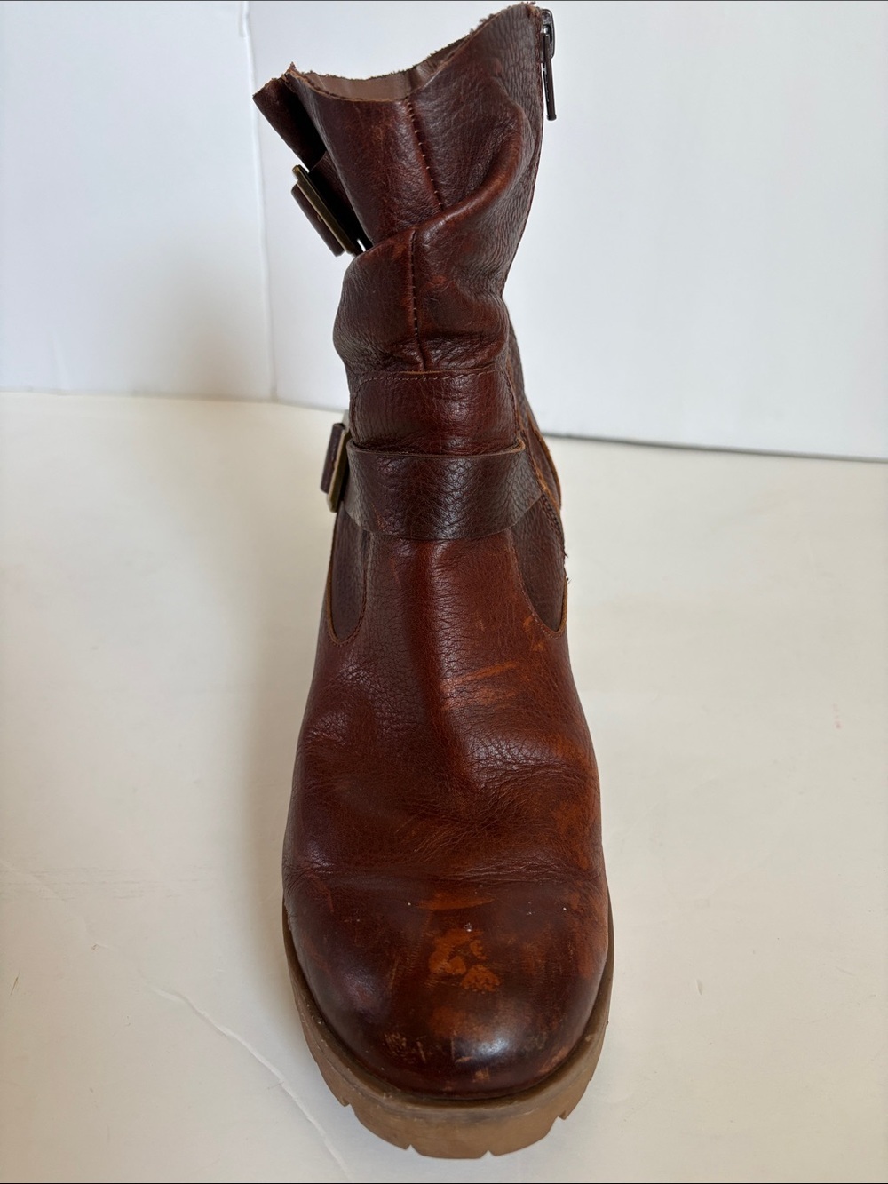Korks burgundy brown ankle slouch leather moto boot gold hardware zip close - Picture 13 of 16
